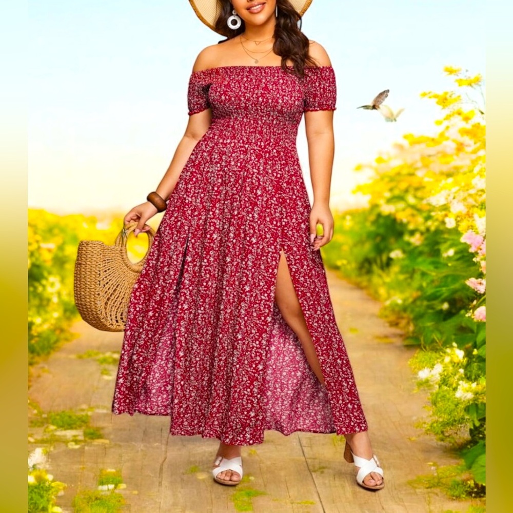 Celure Plus Off Shoulder Shirred Split Ditsy Floral‎ Dress, Summer